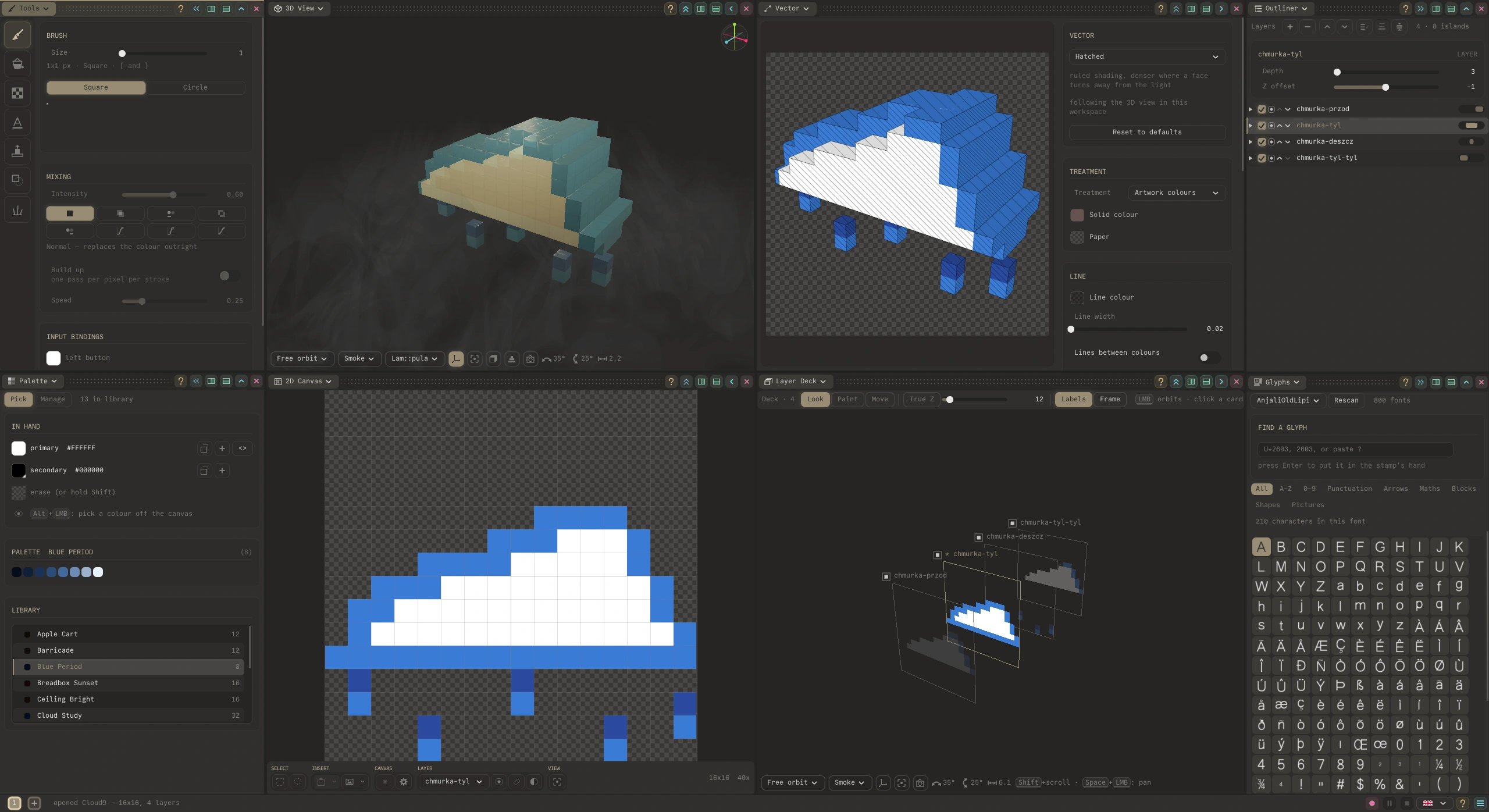 Flatty with eight panes open at once: tools, the 3D view, the vector pane, the outliner, the palette, the 2D canvas, the layer deck and a glyph picker