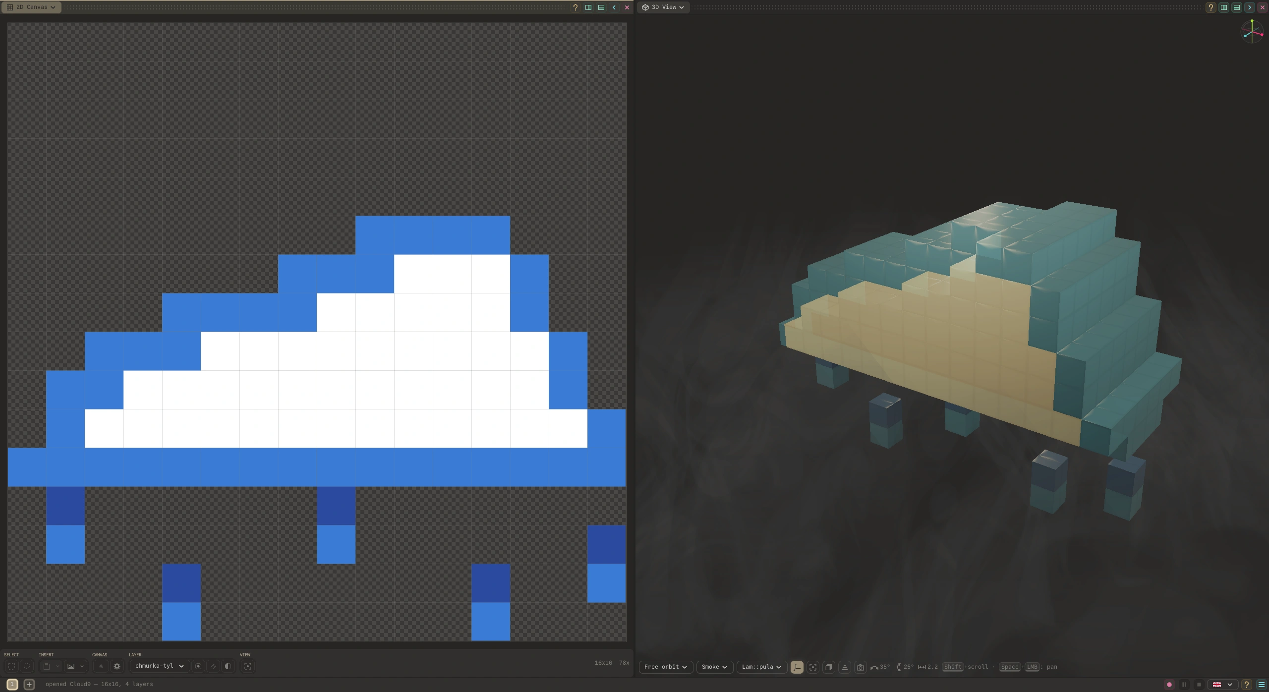 Flatty with two panes and nothing else: the 2D canvas on the left, the 3D view on the right