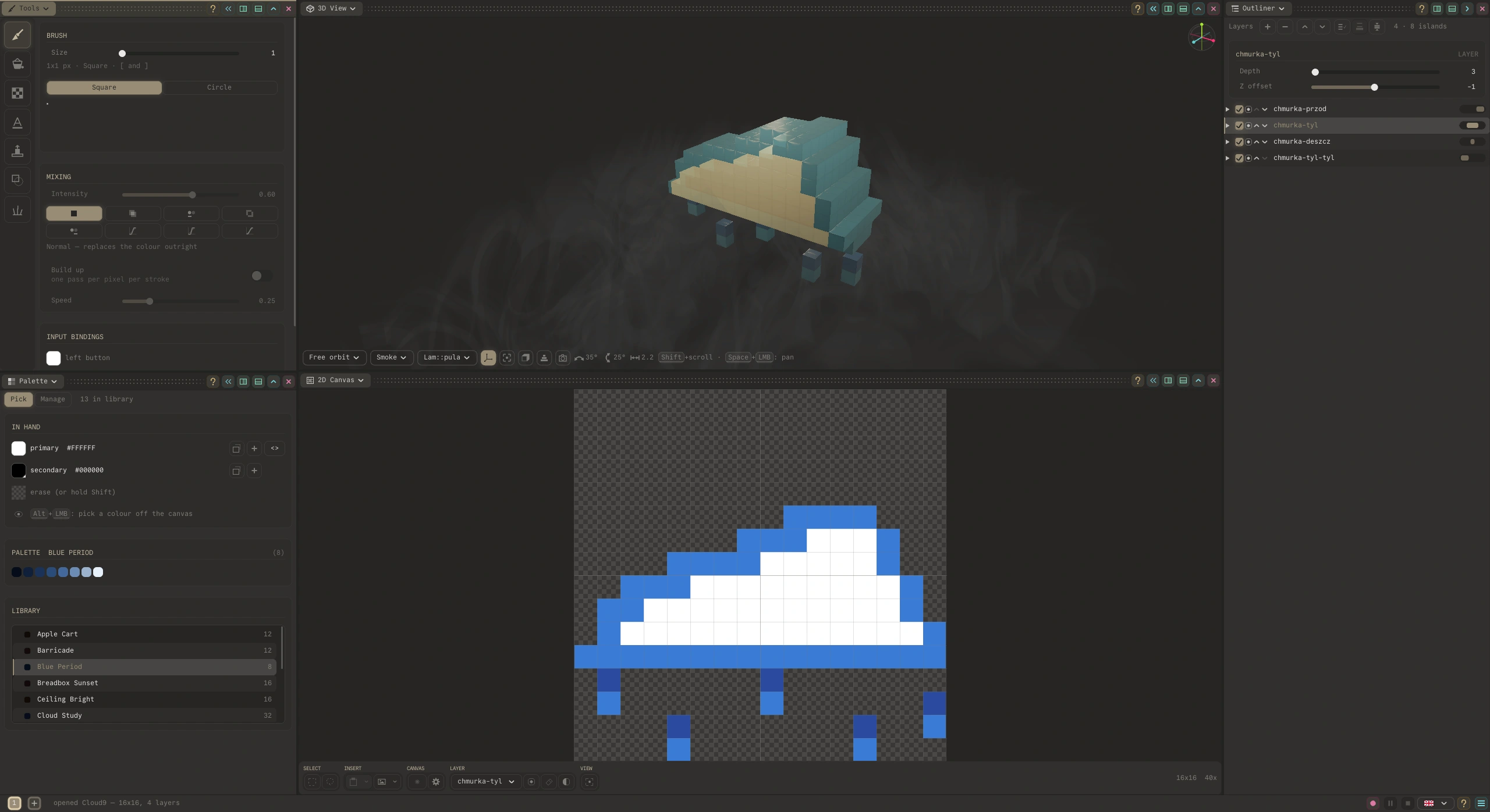 Flatty with five panes: tools and the palette down one side, the 3D view over the 2D canvas, and the outliner down the other